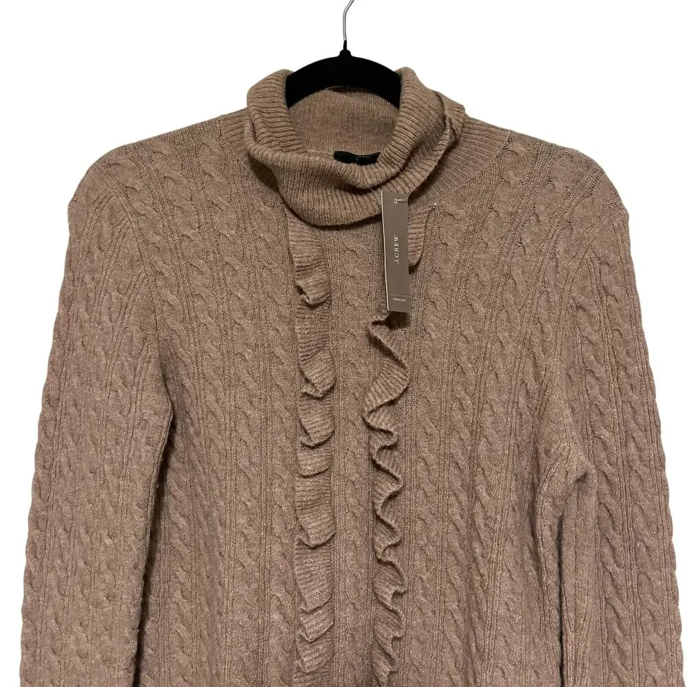 J.Crew Wool Alpaca Blend Ruffled Cable Knit Turtleneck Sweater Beige Size XS - Picture 3 of 9